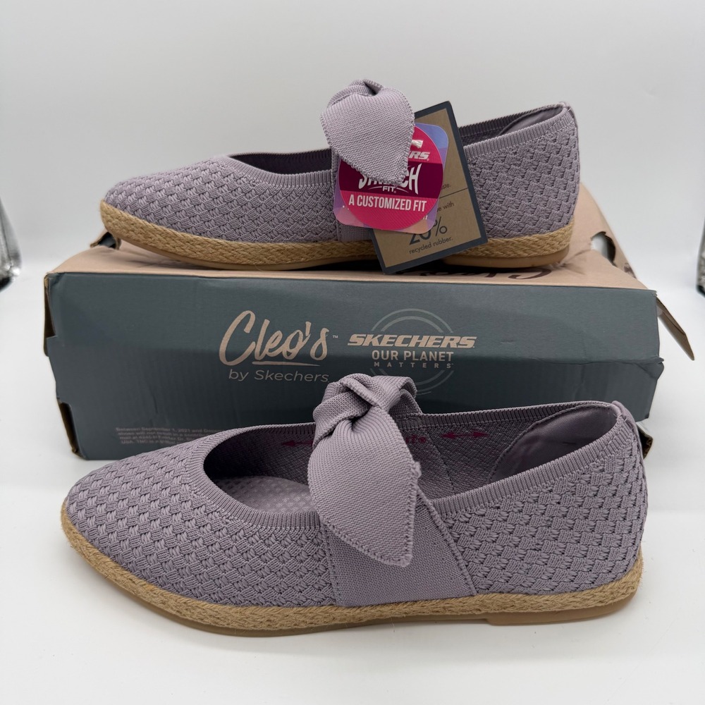 Skechers Cleo Jute Fun Walks Lavender Knit Bow Espadrille Flats 158690 New
